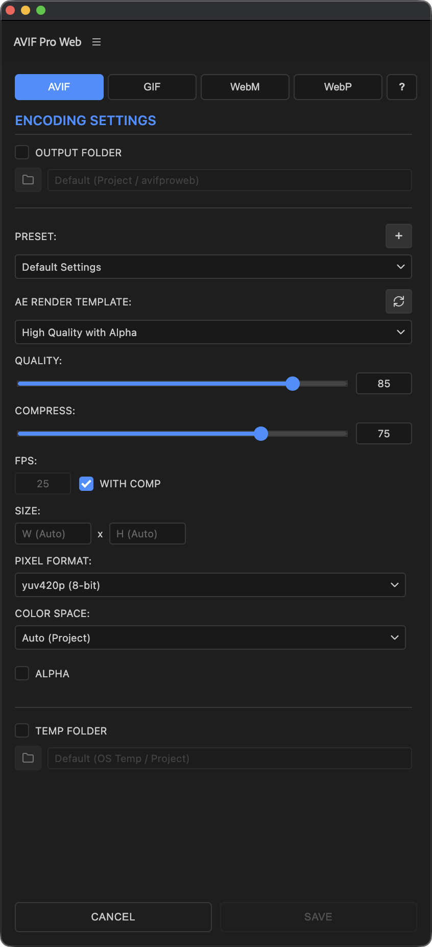 AVIF settings with quality, compression, pixel format, color space, and alpha options
