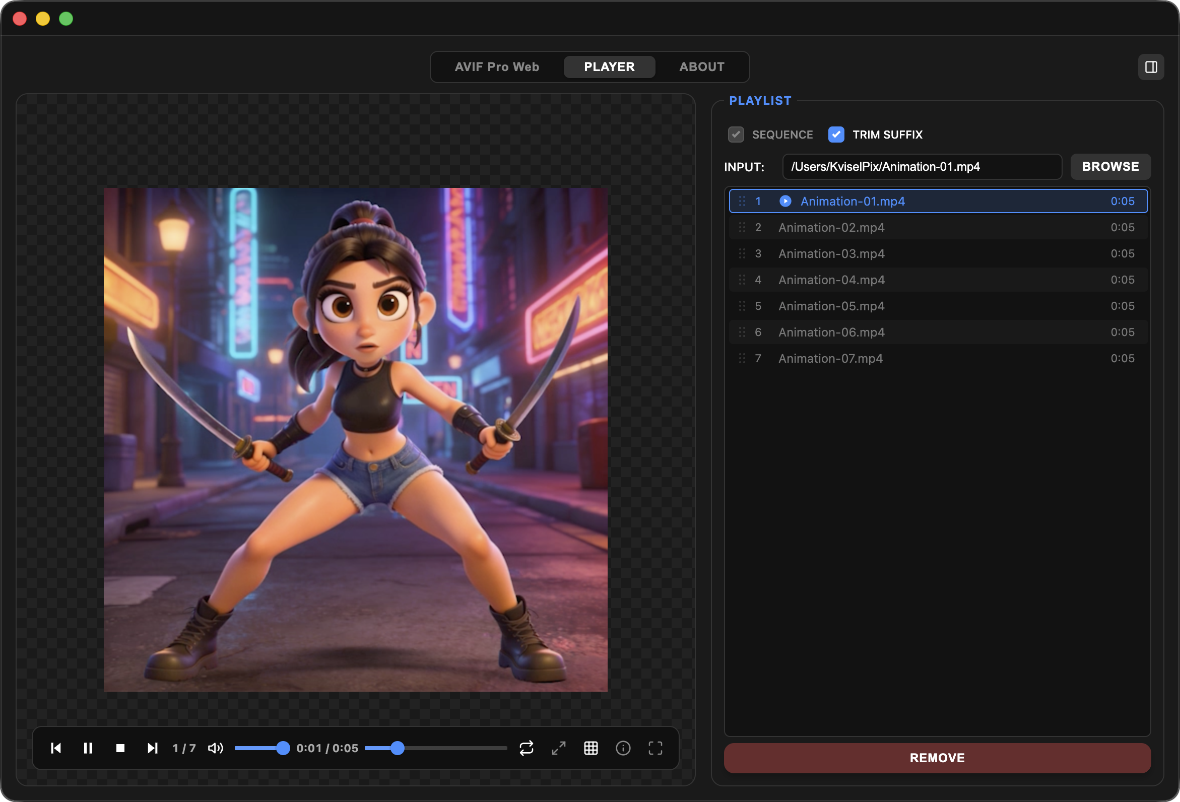 AVIF Pro Web player with transparency grid, playlist, and playback controls
