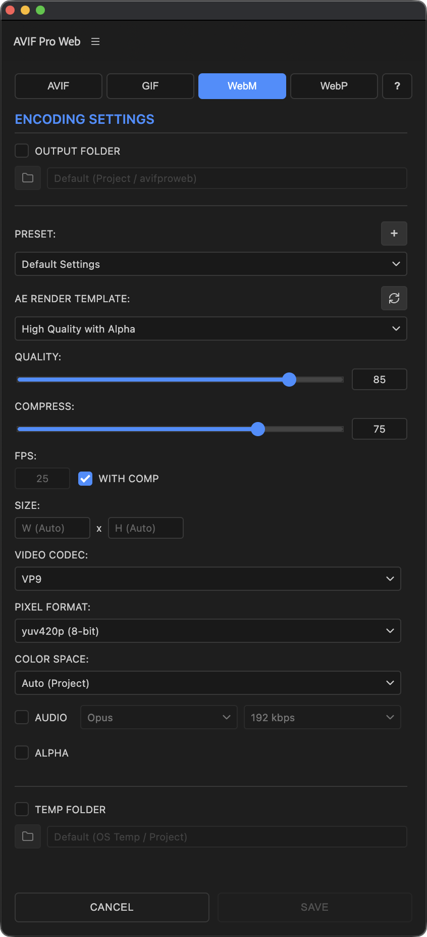 WebM settings with VP9, AV1, audio, bitrate, and alpha options