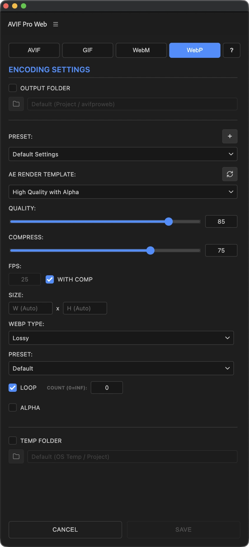 WebP settings with lossy, lossless, preset, and loop controls